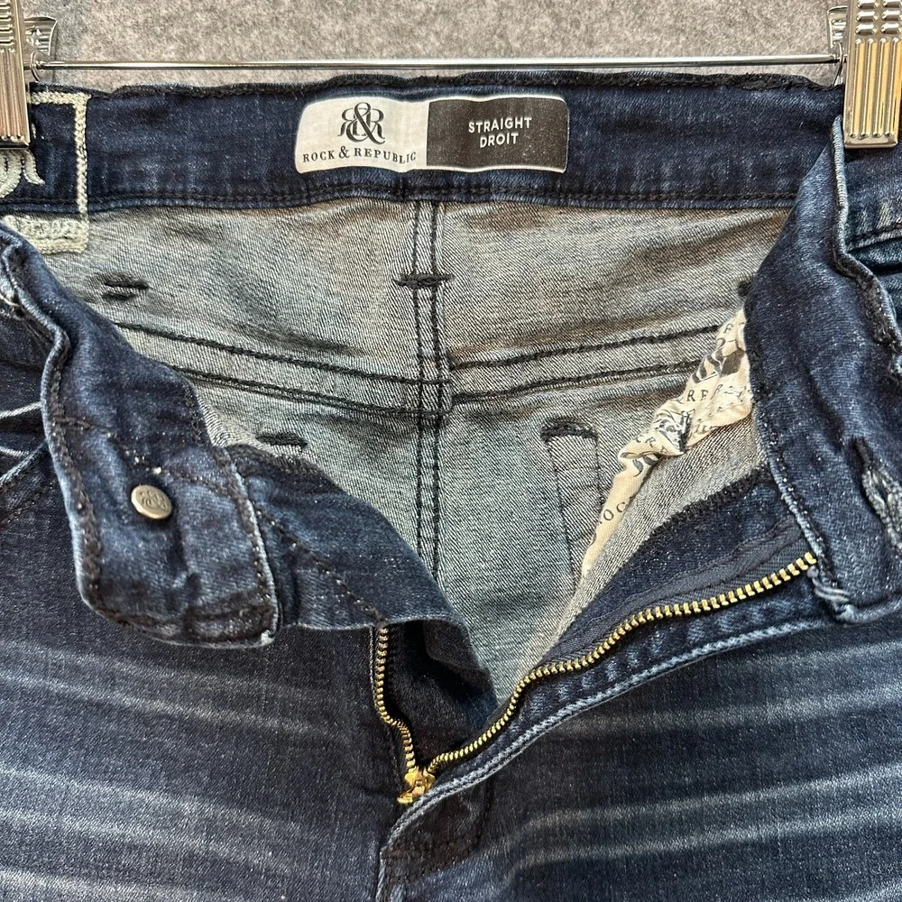 Rock and Republic Jeans Mens 36 Straight Dark‎ Blue Distressed Embroidery EUC